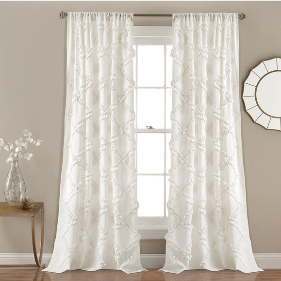 None Other - New White Ruffle Curtains Textured Window Panel Set